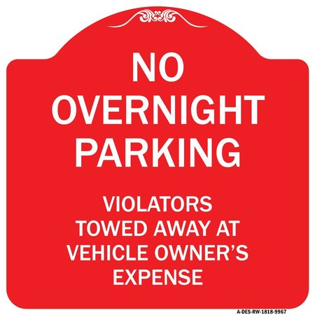 SIGNMISSION No Overnight Parking Heavy-Gauge Aluminum Architectural Sign, 18" x 18", RW-1818-9967 A-DES-RW-1818-9967